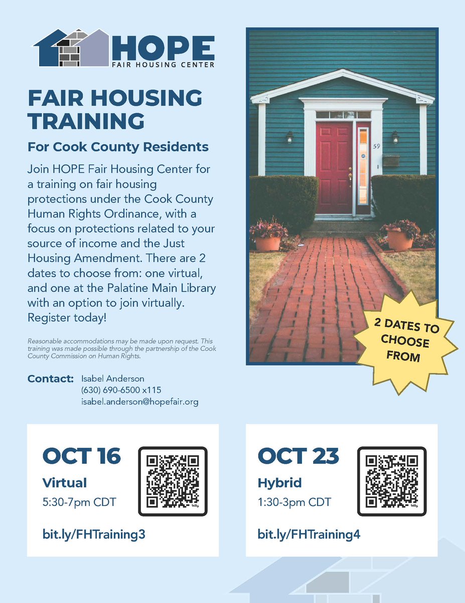 CookCtyHumanRts's tweet image. Our partners at @HOPEFairHousing and @CGLA will be hosting upcoming Fair Housing Trainings! Visit their pages for more information! 

#CookCounty 
#FairHousing #HumanRights