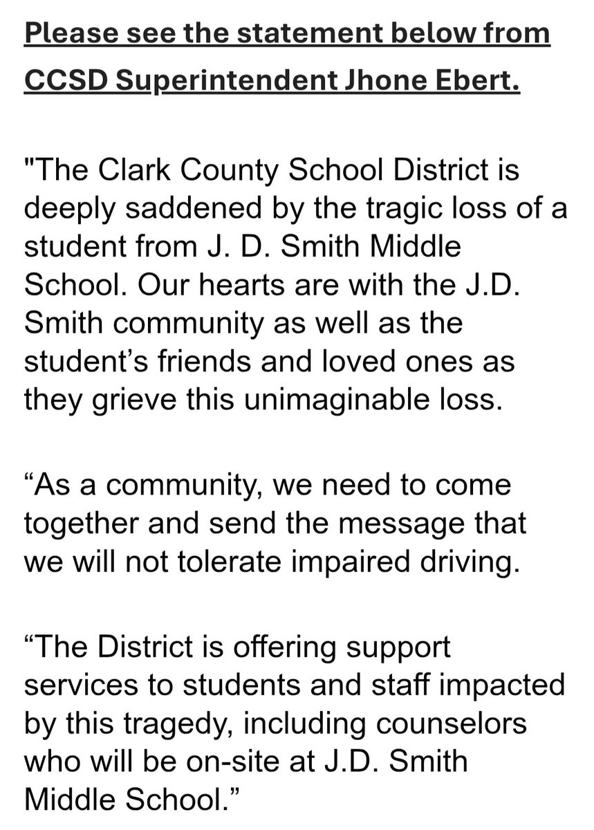HillaryLVSun's tweet photo. CCSD has faced multiple traffic incidents recently involving students near school, school buses or both. 
On Friday, a boy, 12, was hit by an alleged drunk driver while walking to Smith MS. He died today.
Today, buses hit a student near Lied MS and an adult in NLV. https://t.co/RsycFt2Tmw