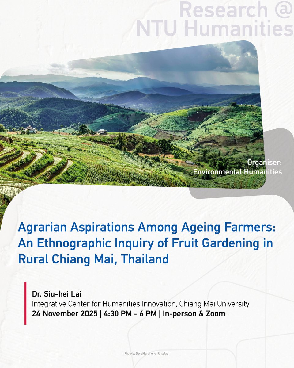 Join Dr. Siu-hei Lai from the Integrative Center for Humanities Innovation, Chiang Mai University as he explores what it means to be an ageing rural subject. All are welcome. Learn more at ntu.edu.sg/soh/news-events
