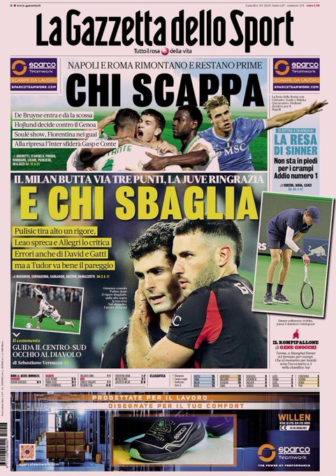 Newspaper front page titled La Gazzetta dello Sport with pink background, featuring headlines about Napoli and Roma comebacks remaining top, De Bruyne providing spark, Hojlund deciding against Genoa, Soulé show troubling Fiorentina, Inter facing Gasp and Conte, Milan throwing away points benefiting Juve, Pulisic shooting penalty high, Leao wasting it, Allegri criticizing, Tudor happy with equalizer, Sinner retiring in Shanghai due to cramps and farewell as number 1, images of players like De Bruyne, Hojlund, Soulé, Pulisic, Leao, Gatti, David, Sinner in tennis match, various ads and standings tables.