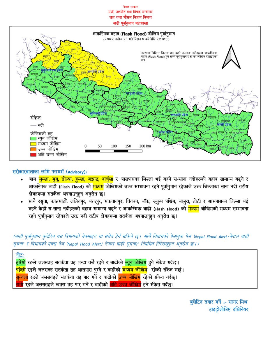 असोज २१,
आज बिहानको मापन अनुसार कोशी, नारायणी, बागमती, कर्णाली, महाकाली र यिनका सहायक नदीहरू तथा कन्काई, कमला, पूर्वी राप्ती, बबई र पश्‍चिम राप्ती नदीको बहाव सतर्कता तह भन्दा तल रहेको छ