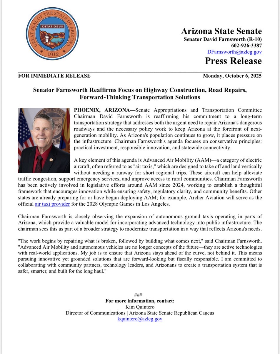 AZSenateRepublicans (@azsenategop) on Twitter photo 🚨FOR IMMEDIATE RELEASE: Senator <a href="/DaveFarnsworth_/">Senator David Farnsworth</a> Reaffirms Focus on Highway Construction, Road Repairs, Forward-Thinking Transportation Solutions
Full press release: azsenaterepublicans.gov/post/senator-f… 🚨FOR IMMEDIATE RELEASE: Senator <a href="/DaveFarnsworth_/">Senator David Farnsworth</a> Reaffirms Focus on Highway Construction, Road Repairs, Forward-Thinking Transportation Solutions
Full press release: azsenaterepublicans.gov/post/senator-f…