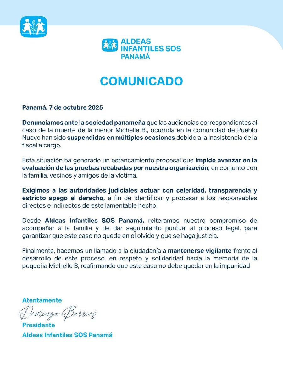 #URGENTE | DENUNCIA PÚBLICA

Aldeas SOS alerta a la ciudadanía sobre la ausencia injustificada de los fiscales que provocó el retraso de la audiencia en el caso de Michelle B., la niña brutalmente afectada por la represión de la Operación Omega.

Cada dilación es una nueva forma