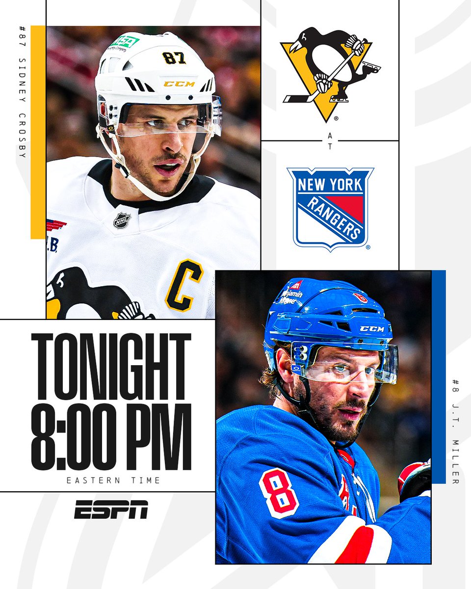 NHLPR's tweet image. The Rangers open their Centennial year on @espn with a new head coach and new captain, but a familiar opponent in 21-season veteran Sidney Crosby and the Penguins. #NHLFaceOff