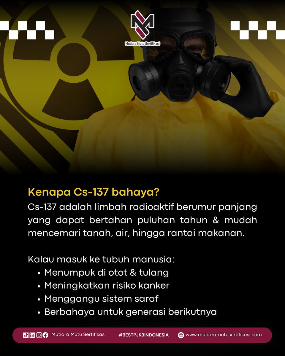 MutiaraMutuOFC's tweet photo. Material radioaktif Cesium-137 ditemukan di kawasan industri Cikande, Serang, Banten. 
Hasil pemeriksaan menunjukkan sumber pencemaran berasal dari aktivitas peleburan scrap metal di PT Peter Metal Technology (PMT)

#mutiaramutusertifikasi #RadiasiCesium #Cikande #LingkunganKerja https://t.co/Gr9IJbKwtv