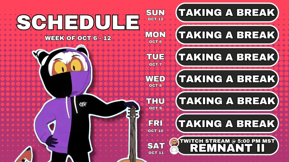 ebf_music's tweet photo. SCHEDULE OF THE WEEK 42!!! W/ @tokyoemper & NINI.
Ignore the tags: #schedule #stream #streaming #gaming #videogames #announcement #chill #unbisoft #hazbinhotel #helluvaboss #twitch #twitchstreamer #vtuber #3dvtuber #remnant2 #remnant https://t.co/fCjwZ37euh