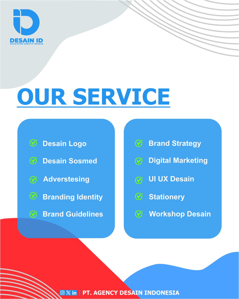 AgencyDesainID's tweet image. Layanan desain lengkap di PT. Agency Desain Indonesia! Desain Logo, Sosmed, Branding, Digital Marketing, UI/UX, sampai Workshop Desain. 

Temukan kebutuhan bisnismu di sini! 🎨
#OurService #DesainLogo #BrandingIdentity #DigitalMarketing  #CreativeServices #DesainID #agencydesain