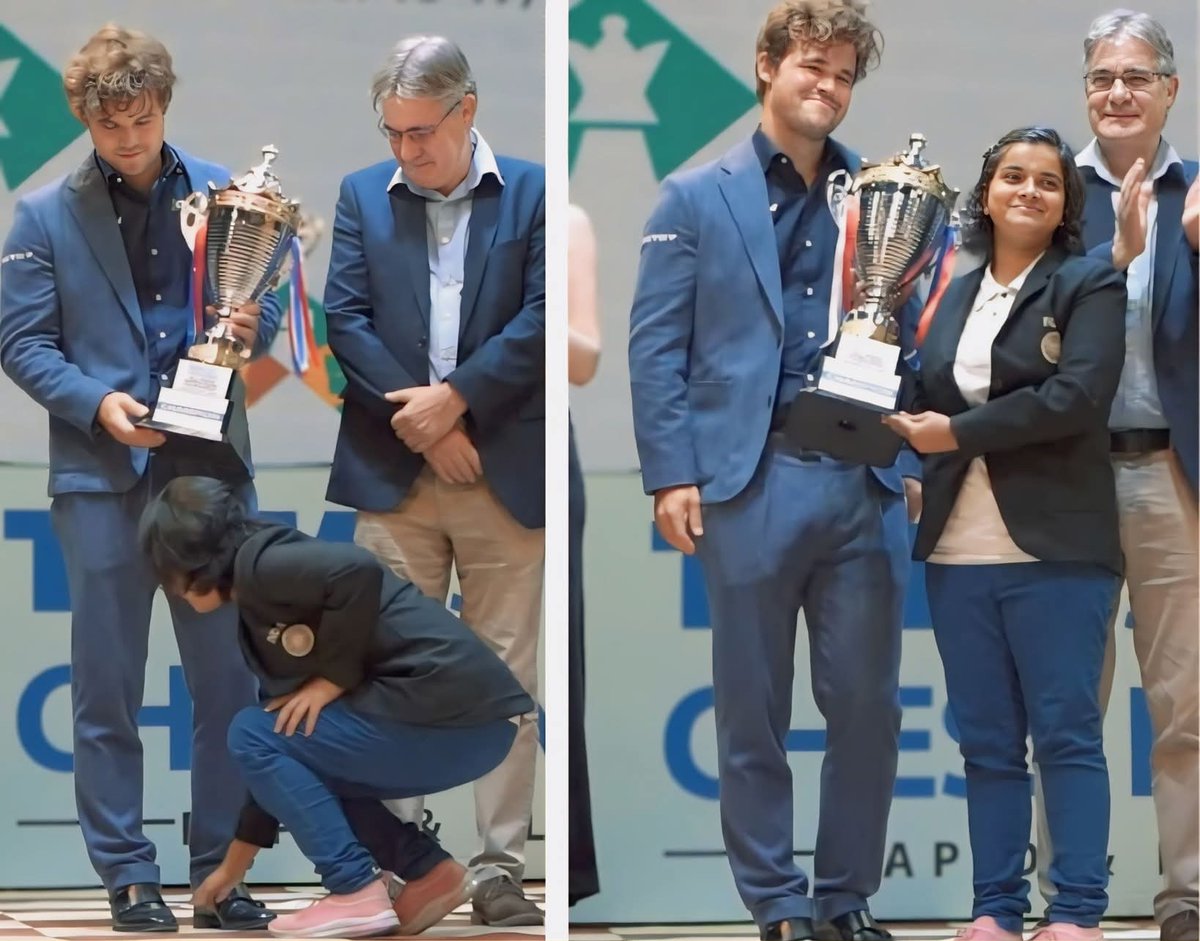 🔥 भारतीय संस्कृति का जादू बोलता है! 🇮🇳

टाटा स्टील चेस इंडिया 2024 की प्राइज सेरेमनी में सब कुछ नॉर्मल चल रहा था…

मैग्नस कार्लसन बस खड़े थे शांत-संयम से 😌

पर जैसे ही भारतीय खिलाड़ी बृष्टि मुखर्जी ने उनके पैर छुए 🙏

बस, वहीं पल ने इतिहास लिख दिया 💥

दुनिया का चेस किंग… और
