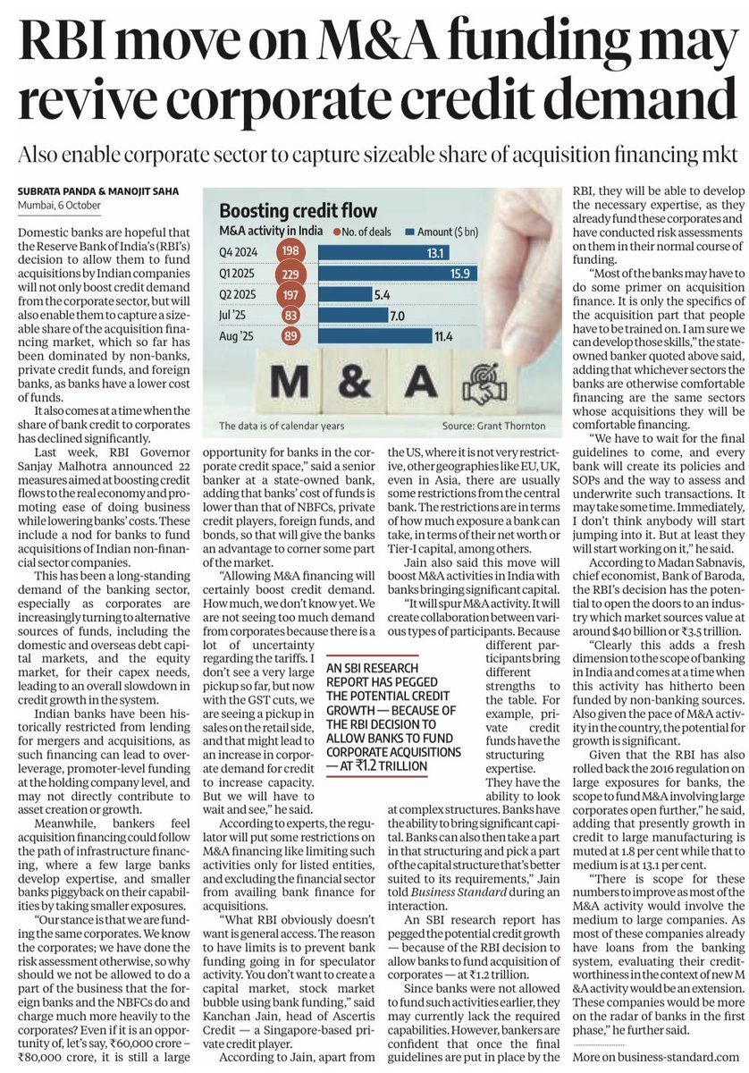 🧵 RBI Move on M&amp;A Funding: A Big Boost for Corporate Credit

The Reserve Bank of India has just opened a new door for Indian banks they can now fund M&amp;A deals by Indian companies.
Here’s a structured breakdown 👇

🟩 1. What Changed
•RBI will now allow Indian banks to fund