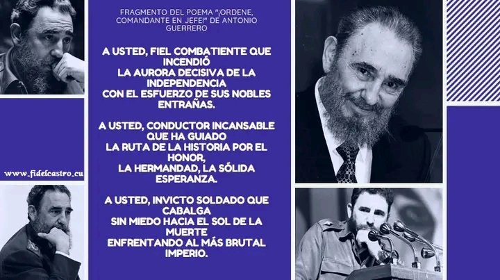🇨🇺✍️Fragmento del poema "¡Ordene, Comandante en Jefe!" de <a href="/Guerrerotony161/">Antonio Guerrero Rodriguez</a> 

"A usted, fiel combatiente que incendió
la aurora decisiva de la independencia
con el esfuerzo de sus nobles entrañas."

#100AñosConFidel