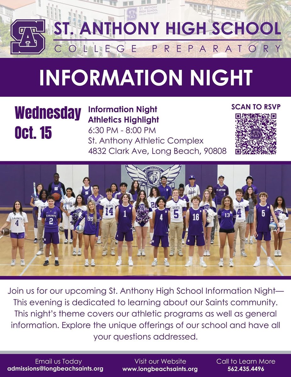 Curious to learn more about St. Anthony High School? Join us for our next Information Night on October 15th at our Athletic Complex. Sign up using the QR code. 💜