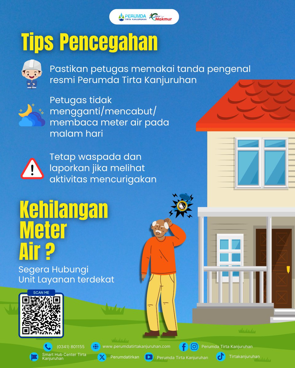 Himbauan untuk #SobatTirkan 🚨💧
Yuk, bersama sama waspada terhadap pencurian meter air karena kehilangan meter air merupakan tanggung jawab pelanggan. 

‼️Jika terjadi kehilangan meter air, segera hubungi Unit Layanan setempat Perumda Tirta Kanjuruhan. 
#WaspadaPencurianMeterAir