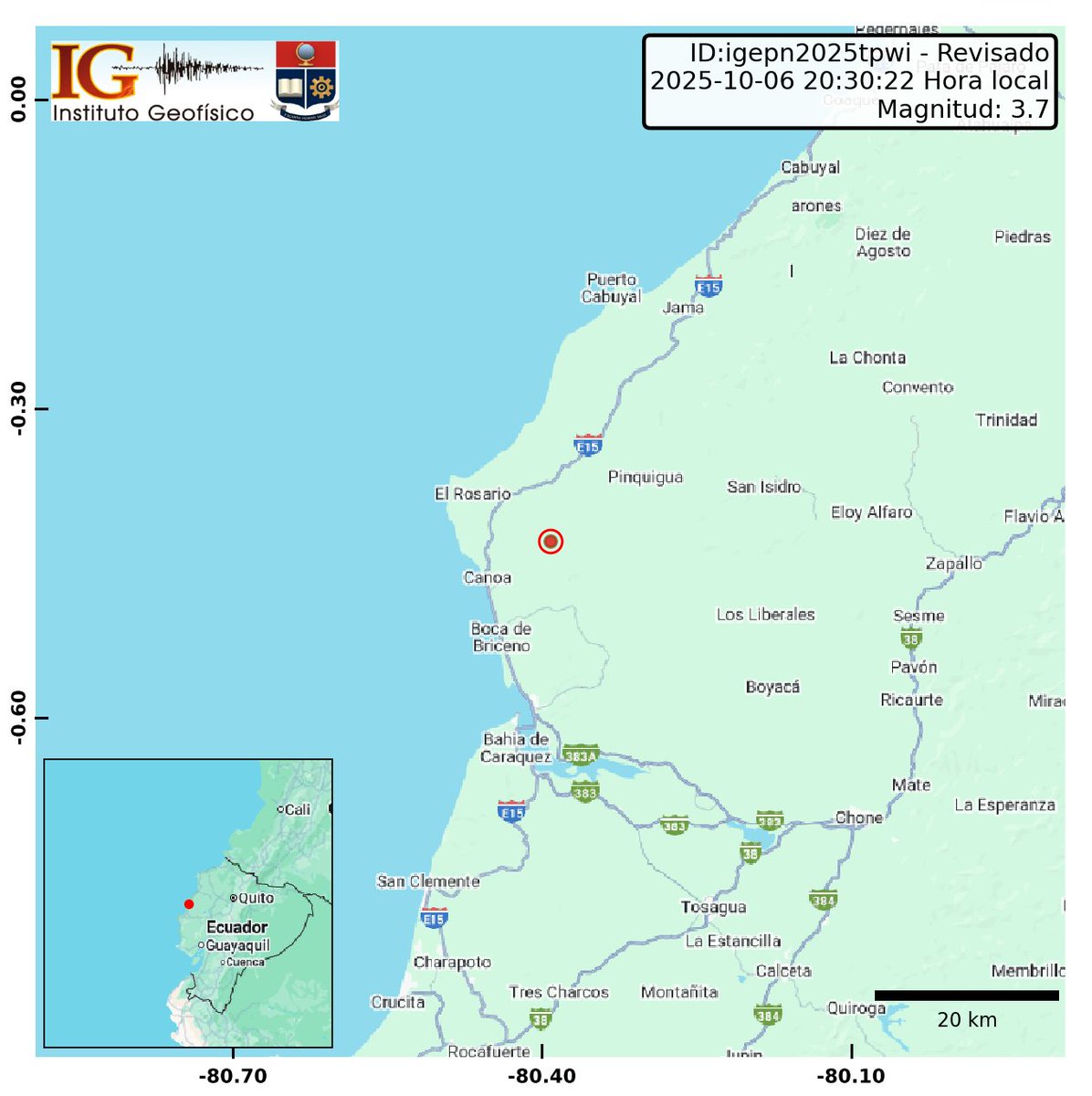 #Sismo: REVISADO

🗓 2025-10-06 
⏰️20:30:22

🔸️Magnitud.: 3.7MLv
🔸️Profundidad.: 14.0 km

📍Lat.: 0.429° S, Long.: 80.392° W
🔸️Localizado: a 19.47 km de San Vicente, #Manabi, #Ecuador🇪🇨

#EG #Georiesgos #Temblor #Terremoto #hoy #urgente #earthquake #quake #Jishin