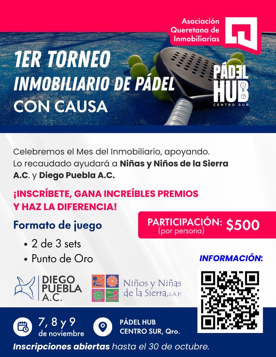 LauraMex's tweet photo. 🫶🏻 Amigos de Querétaro, los invito a un torneo de pádel por una buena causa. 👇🏻

La @AQInmobiliarias organiza el 1er Torneo Inmobiliario de Pádel con Causa 🎾.

Todo lo recaudado será para ayudar a las niñas y niños de la Sierra, a través de las fundaciones Diego Puebla A.C. y Niños y Niñas de la Sierra, I.A.P.

Cada boleto de participación tiene un costo de $500.
Abajo está la información 👇🏻

¡Gracias! 🙏🏻
