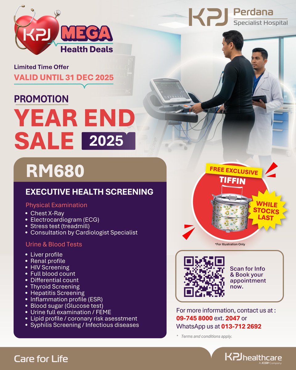 KPJ_Perdana's tweet photo. Your health is priceless and now it comes with a special gift 📷📷

For only 𝐑𝐌𝟔𝟖𝟎, enjoy a Comprehensive Executive Health Screening Package at KPJ Perdana Specialist Hospital and get a 𝐅𝐑𝐄𝐄 𝐄𝐱𝐜𝐥𝐮𝐬𝐢𝐯𝐞 𝐓𝐢𝐟𝐟𝐢𝐧. https://t.co/chf4qYNFYn