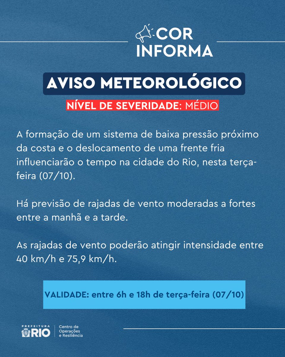 OperacoesRio's tweet photo. ATENÇÃO AO AVISO METEOROLÓGICO

Previsão de ventos fortes nesta terça-feira (07/10).

#CORInforma
#TempoRJ https://t.co/TpFFU284WY