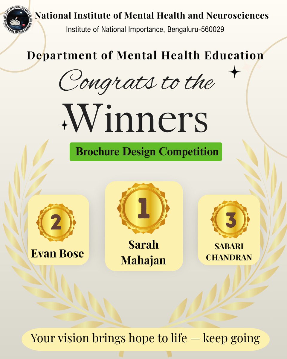 mheduNIMHANS's tweet photo. On the occasion of World Suicide Prevention Day 2025, the Brochure Designing Competition was conducted. Kudos to Winner for using creativity to communicate hope and support to communities. 💚
#CreatingHopeThroughAction #MentalHealthMatters #NIMHANS https://t.co/e9Y8ipbZhh