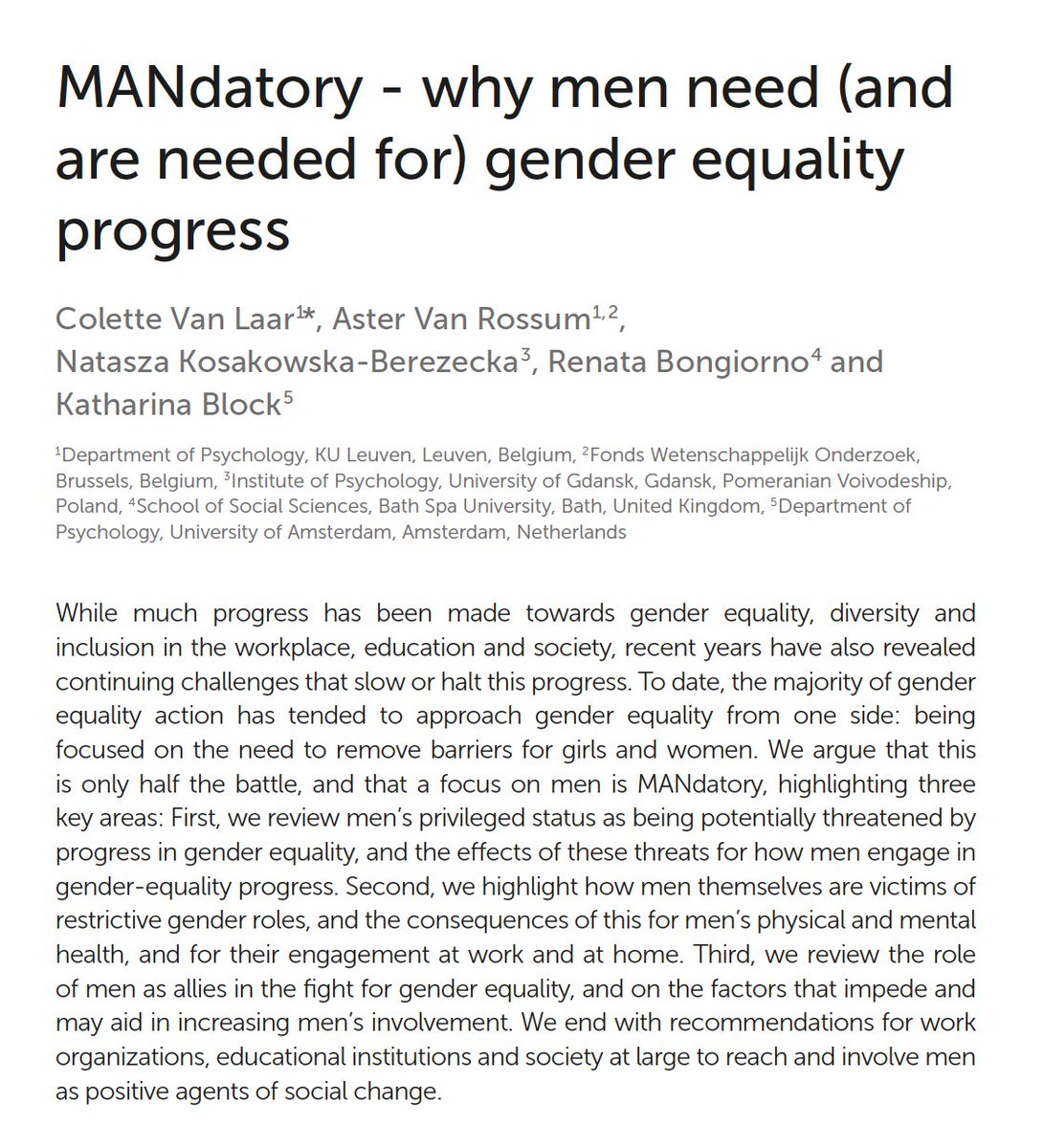 MichaelGLFlood's tweet image. MANdatory – why men need (and are needed for) gender equality progress
This journal article offers a valuable overview of men’s relationships to gender equality initiatives
frontiersin.org/journals/psych…
1/8