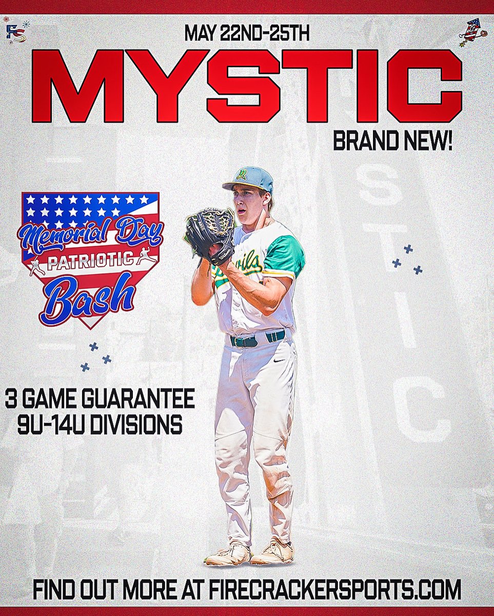 firecrackerbsb's tweet image. Memorial Day is coming to Mystic!
Our brand new region joins Providence and Worcester for to open up the season☀️
Get your youth team ready for the summer grind with our 3 game guarantee showdown⚔️
More info can be found at firecrackersports.com