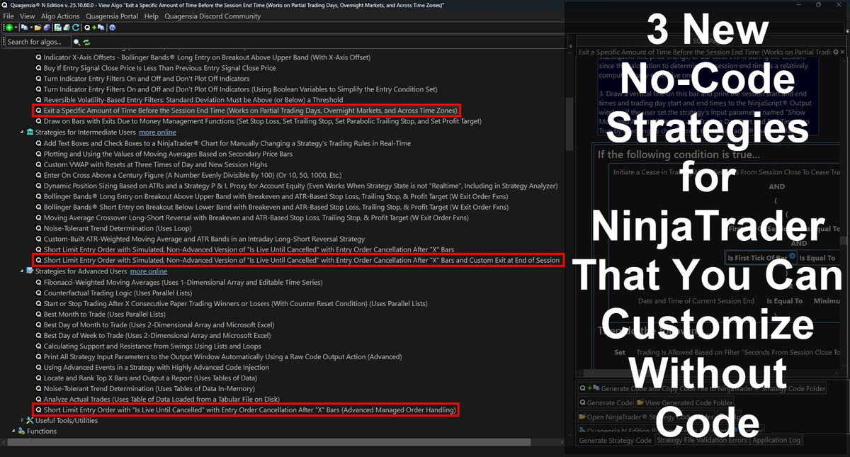 quagensia's tweet photo. The no-code strategy builder for NinjaTrader from Quagensia now has 3 more built-in strategies, and you can draw drawing objects "into the future", i.e. in the empty area to the right of the current bar on a NinjaTrader chart.
https://t.co/3kMnwrVgVj
#NinjaTrader #NinjaScript https://t.co/5J5pqPFrhJ