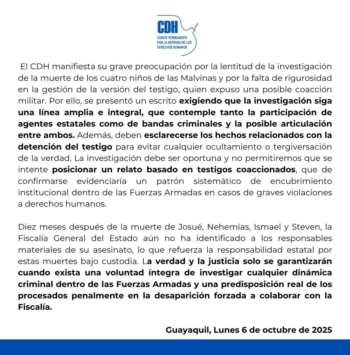#COMUNICADO El CDH cuestiona la versión del testigo sobre la muerte de los cuatro niños de Las Malvinas y exige a <a href="/FiscaliaEcuador/">Fiscalía Ecuador</a> que investigue el caso de manera integral, considerando todas las posibles líneas de investigación.
