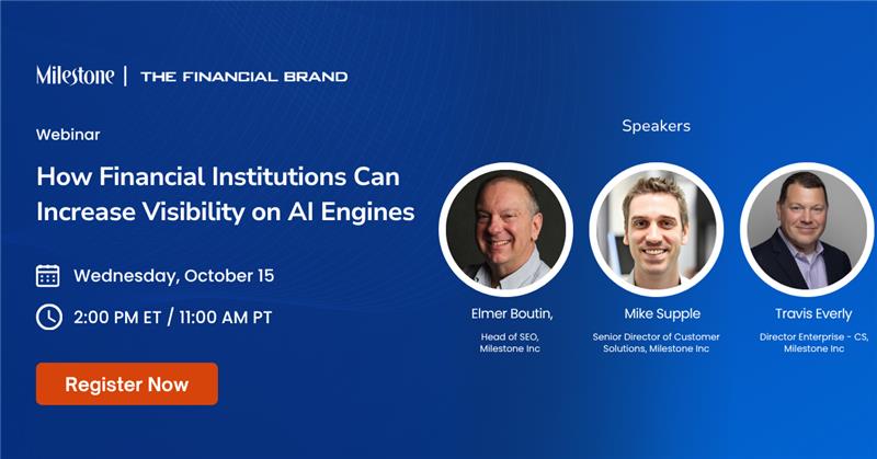 MilestoneMktg's tweet photo. AI engines like #ChatGPT, #PerplexityAI &amp; #GoogleGemini are changing how consumers find financial services.

Join Milestone experts Elmer Boutin, Mike Supple &amp; Travis Everly to learn how to boost visibility with #GEO, schema, &amp; AI content.

Register: https://t.co/2idbpQOthS https://t.co/3rXKYmGYjz