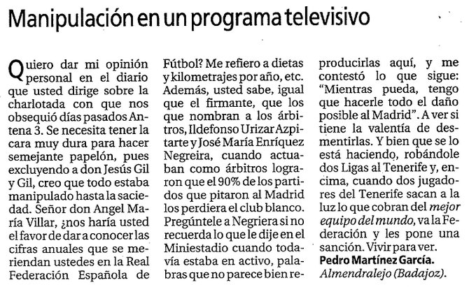 Cr7stianismo_'s tweet photo. 💣🚨ESCÁNDALO MUNDIAL

🗞️Esto decía el diario As el 23 de noviembre de 1994.

"Enríquez Negreira cuando todavía era árbitro en activo dijo: Mientras pueda, tengo que hacerle todo el daño posible al Real Madrid" https://t.co/nn7iMGUdKV