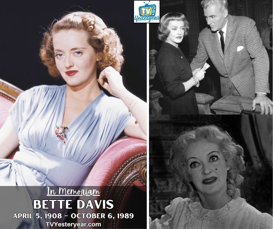tvyesteryear's tweet image. Remembering Bette Davis, who passed away on this day in 1989. Known for &quot;All About Eve&quot; and &quot;Whatever Happened to Baby Jane?&quot;, she also made her mark on TV with roles in &quot;Strangers: The Story of a Mother and Daughter&quot; and a guest appearance on &quot;Perry Mason&quot;.