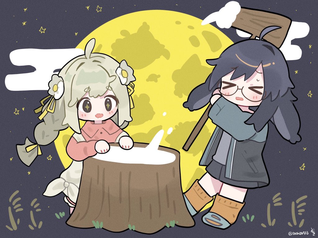 去年描いたうささきさんとみなほしちゃんのお月見の絵見て