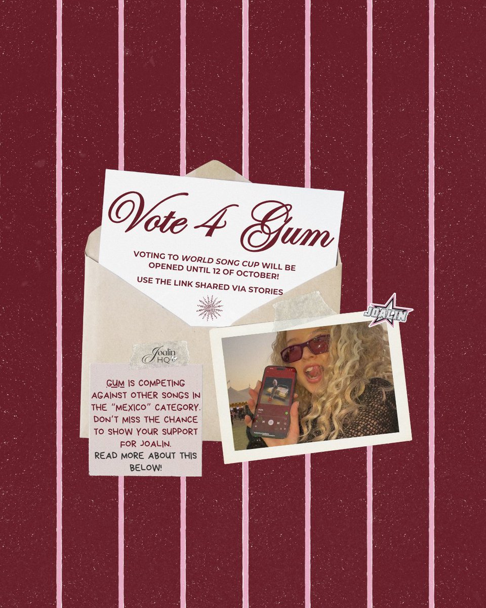JoalinHQ's tweet image. VOTE 4 GUM! World Song Cup ( @wscglobal_) nominated Joalin's song for this global contest! GUM is competing against other songs in the "Mexico" category.
Read more below ⬇️
