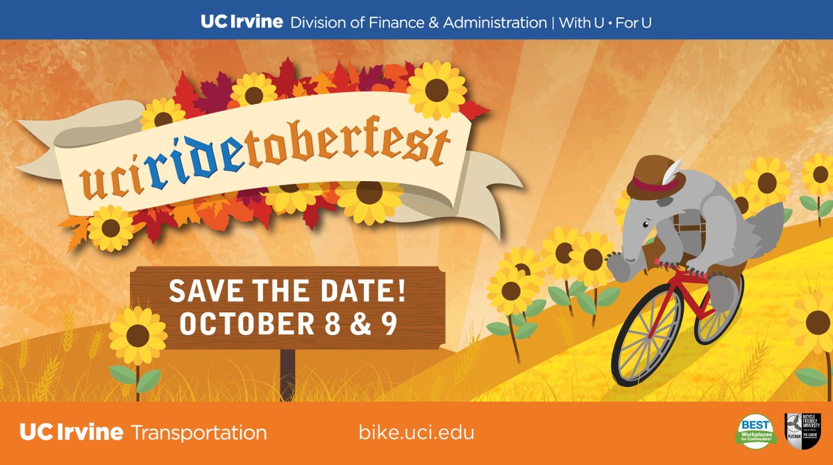 UCIParking's tweet photo. Get ready to roll! 🎉 uciRIDEtoberfest returns this week—join us at the Aldrich Hall flagpoles on October 8 &amp; 9 from 10 a.m. to 2 p.m. Enjoy demonstrations, safety tips, and giveaways while celebrating all things cycling at UCI! 🚲 More info: https://t.co/tobSxWIVRY https://t.co/tamjNWWsQ2