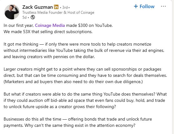 Zack Guzman 在 LinkedIn 上的帖子，展示 Coinage Media 在 YouTube 与直接订阅之间的收入对比