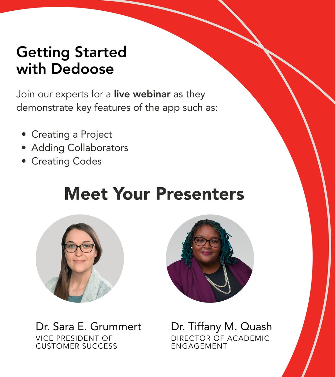 ⏰ Last chance to grab your FREE seat!

Join Drs. Quash &amp; Grummert tomorrow (Oct 7, 12 PM ET) for our Getting Started with Dedoose webinar.

Learn how to create a project, add collaborators, and start coding with confidence: dedoose.info/oct7

#QualitativeResearch #Research