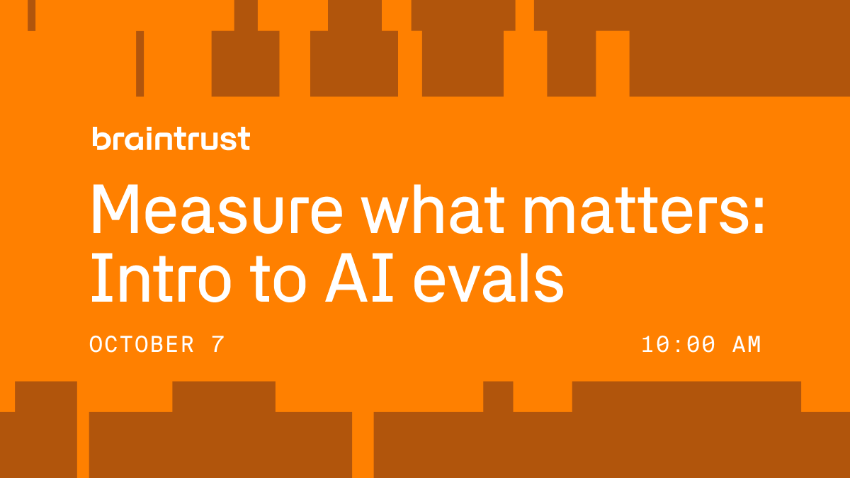 braintrust's tweet image. Tomorrow (Oct 7) at 10AM PT, we&apos;re talking through common eval use cases pulled from customer examples. Framework-agnostic. No prior eval experience needed.