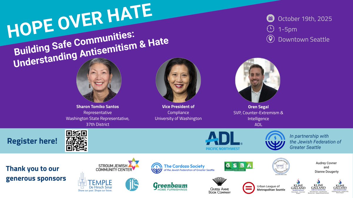 ⏳ Registration for Hope Over Hate closes Oct 15!

Join us Oct 19 in Seattle for keynotes, panels &amp; breakout sessions on confronting antisemitism &amp; building safer communities.

🎟️ Register now: cvent.me/myzLkB