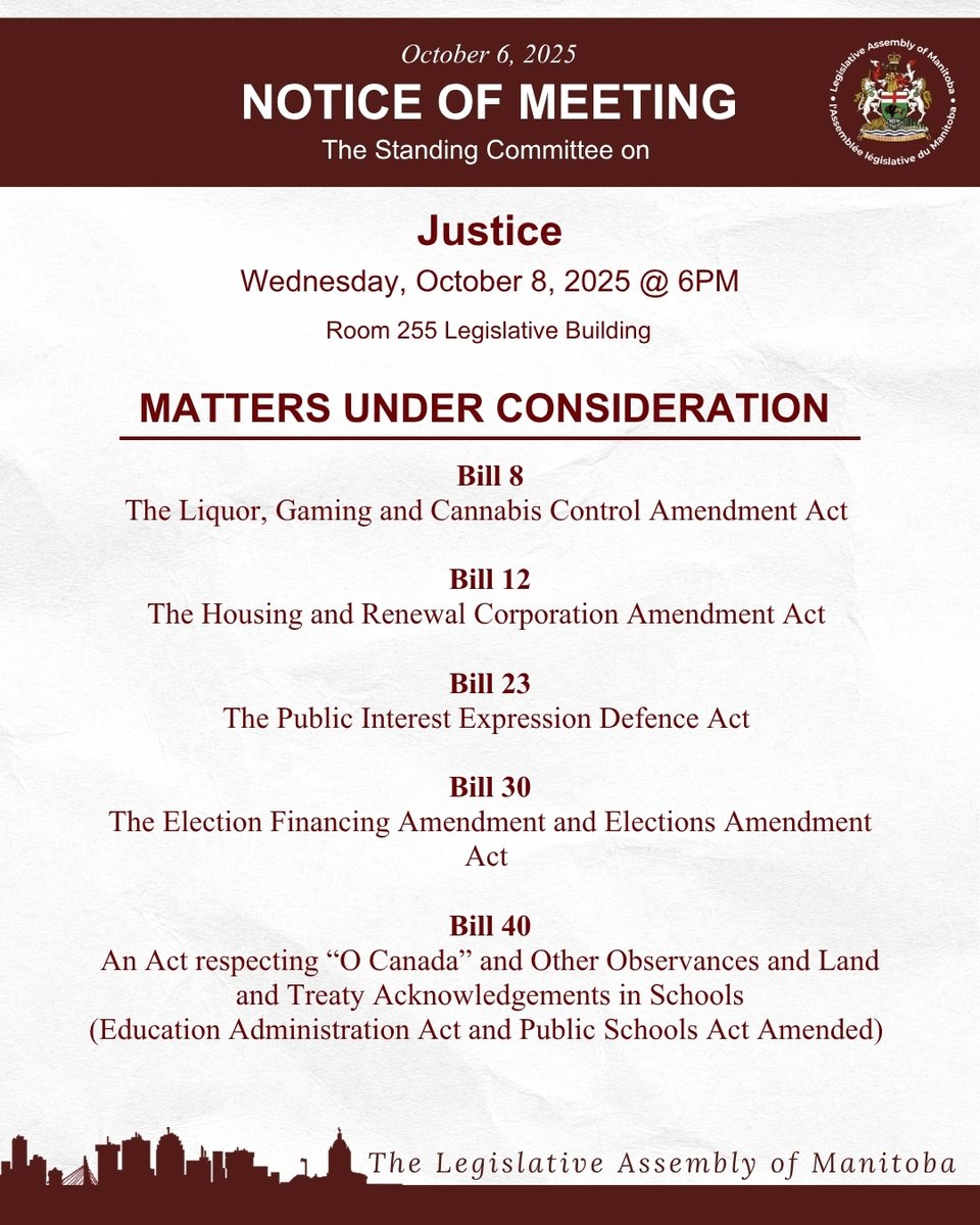 MBLegislature's tweet image. Committee Notices!

The Standing Committee on Justice - Room 255

&amp;amp;

The Standing Committees on Social and Economic Development – Room 254
Wednesday, October 8, 2025 Live @ 6:00pm

📺 Watch the broadcast:
gov.mb.ca/legislature/co…
#Manitoba #LegMB #broadcast #Live