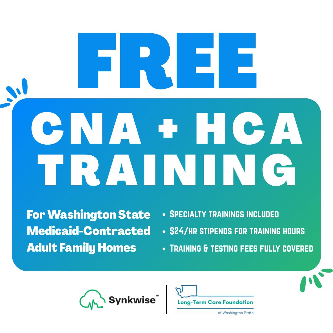 synkwise's tweet photo. Exclusive Offer for Washington State! 🎉

If your home is Medicaid-contracted, your caregivers can now receive FREE CNA + HCA training, thanks to our amazing partners at the Long-Term Care Foundation of Washington State.

Learn more here: https://t.co/Zs211LKKYM 

#Washington https://t.co/hvRhycd8Ch