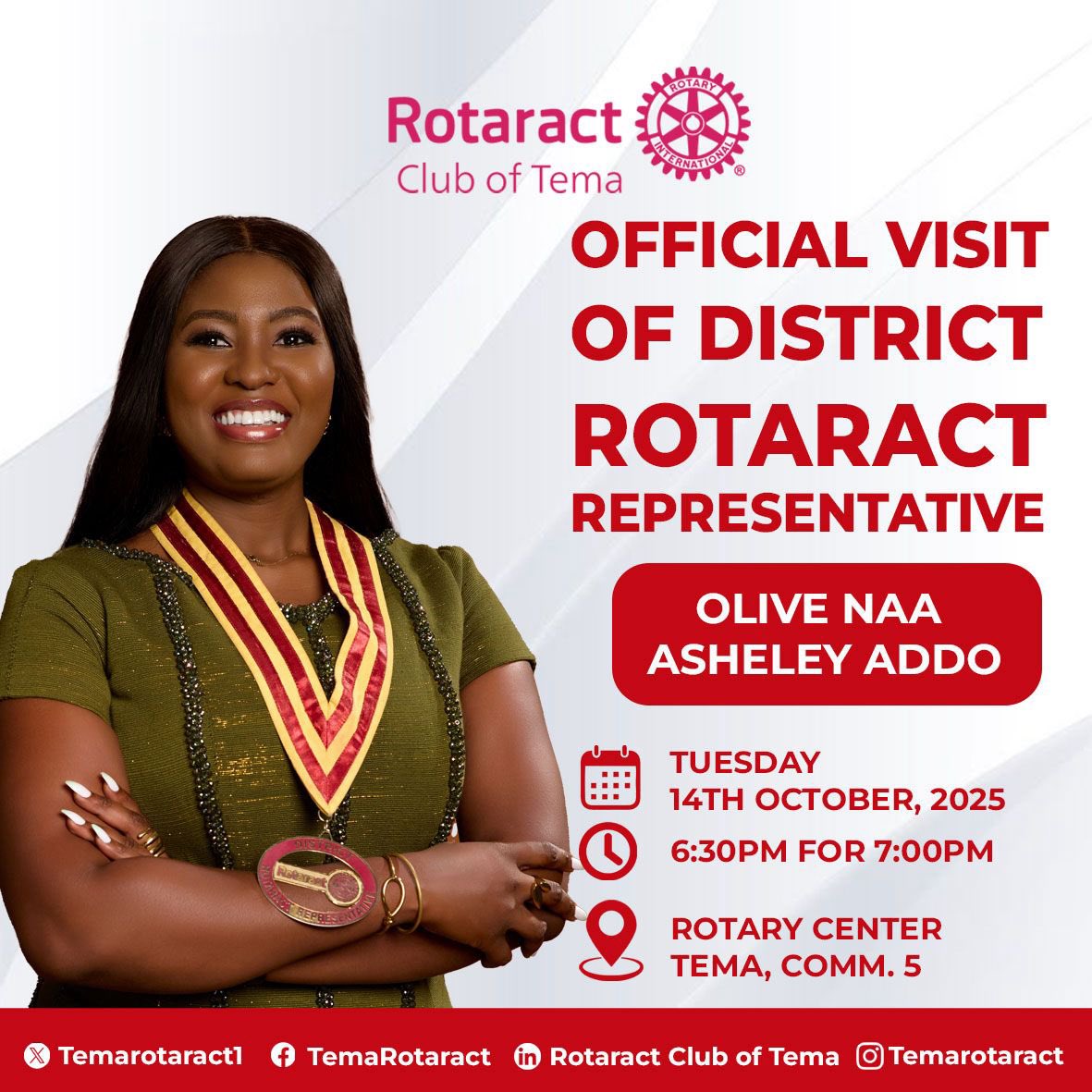 Temarotaract1's tweet photo. Weโre honoured to host the District Rotaract Representative, Olive Naa Asheley Addo, on her official visit to the Rotaract Club of Tema!
๐ Rotary Center, Comm. 5
๐๏ธ Tuesday, 14th October 2025 | โฐ 6:30PM for 7:00PM
#Rotaract #ServiceAboveSelf #RotaractTema https://t.co/cpihxDfWEn