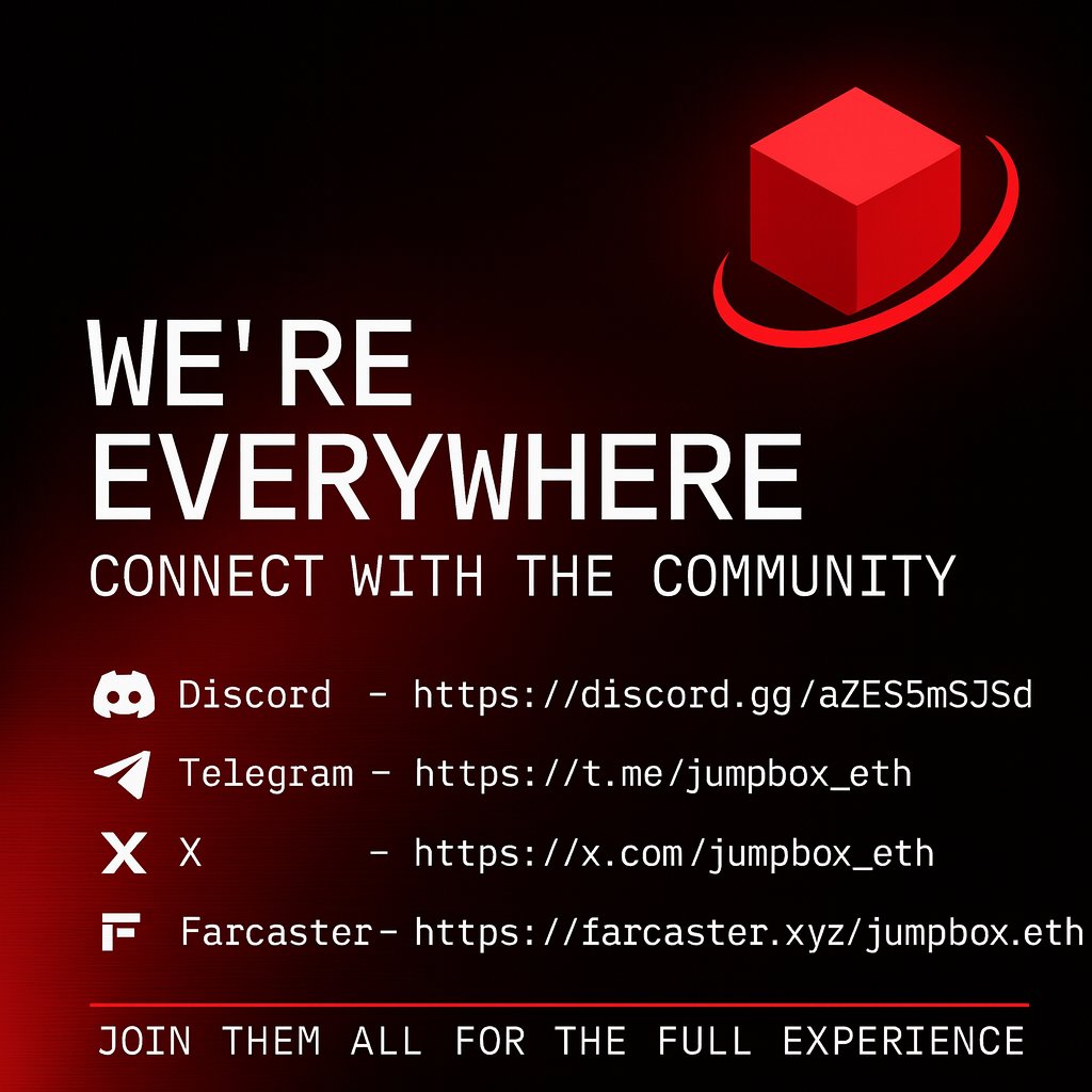 jumpbox_eth's tweet photo. If you're only following us here on X, you're missing half the conversation!

Find us on:

Discord - https://t.co/AwM55nkblU 
Telegram - https://t.co/QToLbIGJMx
Farcaster - https://t.co/gSGuQGDD89 https://t.co/h6QuJlKNvU