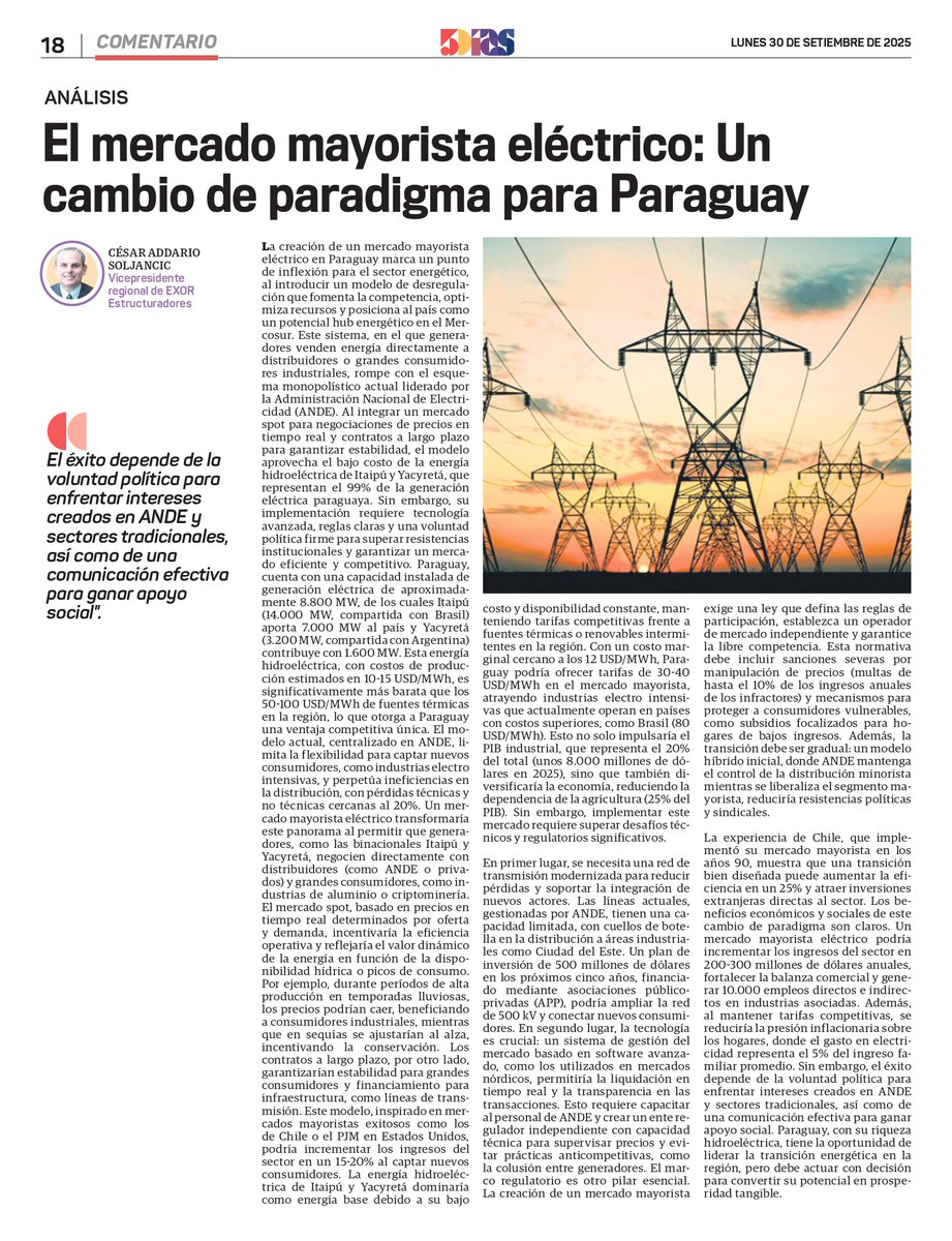 🔌 Paraguay puede ser el hub energético del Mercosur
Con energía hidroeléctrica a 10-15 USD/MWh vs 50-100 de fuentes térmicas, tenemos ventaja competitiva única
Un mercado mayorista eléctrico podría:
✅+200M USD anuales
✅10K empleos nuevos
✅Atraer industrias electrointensivas