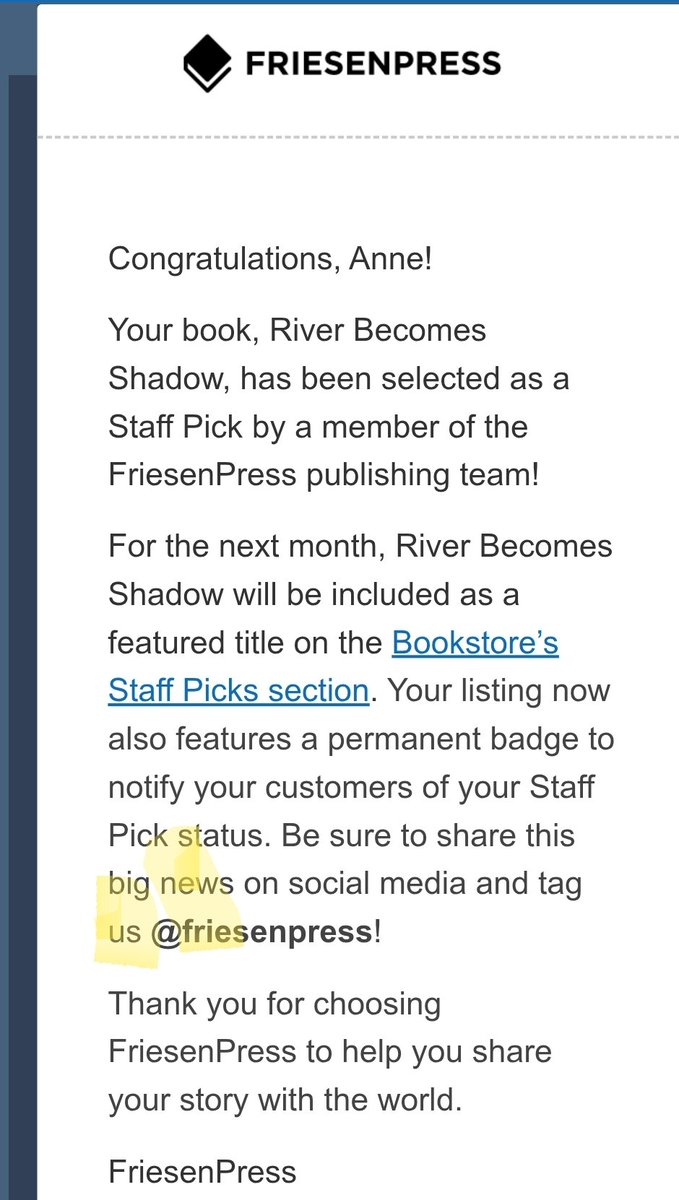 SmithNochasak's tweet image. This just popped up in my email.  Thank you to the kind staff member at @FriesenPress who selected River Becomes Shadow as a staff pick. This made my day! 😊❤#readersoftwitter #WritingCommunity #bookstore #fiction