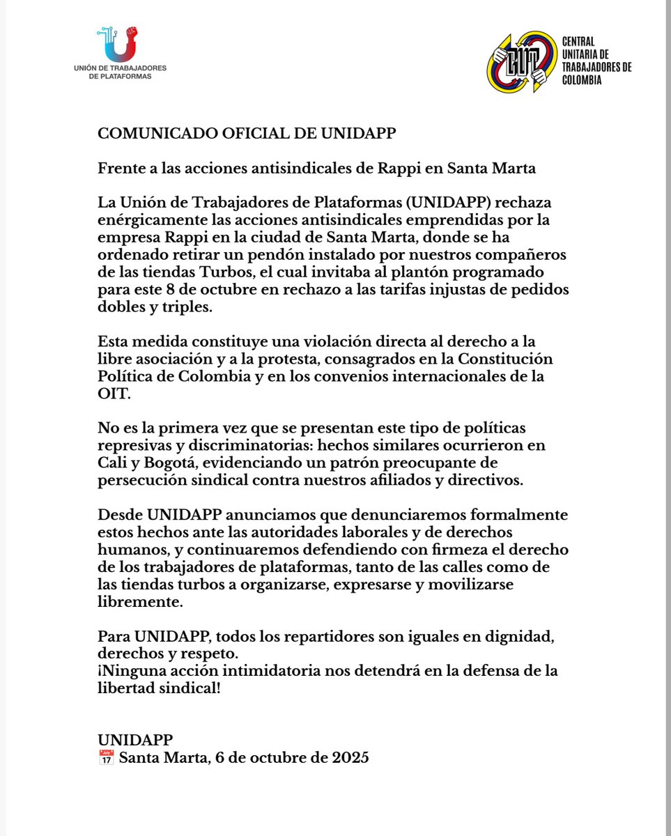 🚨 Denunciamos acción antisindical en Santa Marta

<a href="/RappiColombia/">Rappi Colombia</a> ordenó retirar el pendón de nuestros compañeros de tiendas turbos que invitaban al plantón del 8 de octubre.

🟥 Impiden el derecho a la protesta y atacan la libertad sindical.