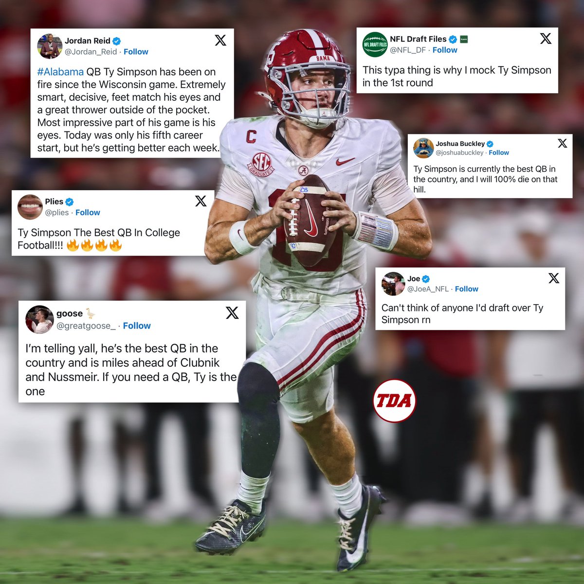 TDAlabamaMag's tweet image. Social media’s calling Ty Simpson the ‘best QB’ in college football right now. 🔥

Where do you have him ranked?

tdalabamamag.com/2025/10/05/soc…