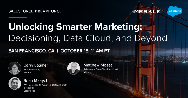 blat001's tweet photo. Headed to Dreamforce? Don’t miss @Merkle's fireside chat with @Salesforce on how leading brands are unlocking intelligent personalization and marketing efficiency today, without waiting for full decisioning deployments. Sign up here: https://t.co/nsHHWIBTfD https://t.co/EMdJHfgs9x