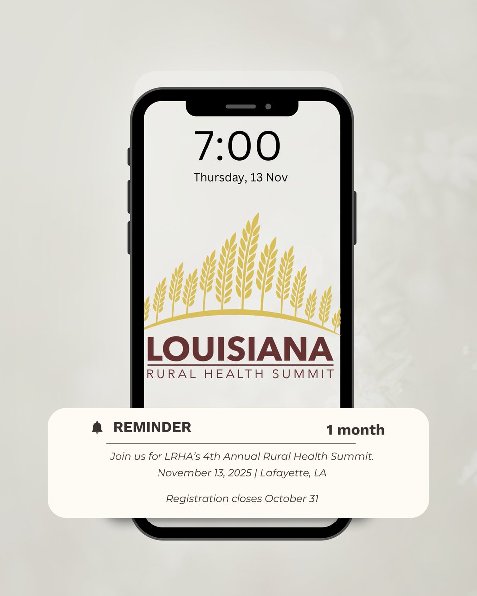 LARuralHealth's tweet photo. We are one month away from the Louisiana Rural Health Summit! Space is limited – register today at https://t.co/ev7nZxGQd9 https://t.co/vHatwfw8wE