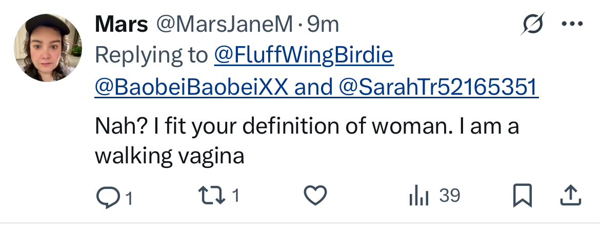 This is what an average troon thinks about women. Not only that we women are “walking vaginas” but that WE define ourselves as that. It’s all a demented sex game to them.