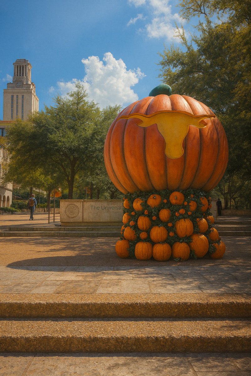 Fall spirit meets Texas pride! 🎃🤘
The <a href="/UTAustin/">UT Austin</a> Tower and a giant Longhorn pumpkin = pure #HookEm energy.
#UTAustin #TexasLonghorns #AustinTX #FallVibes #HookEmHorns