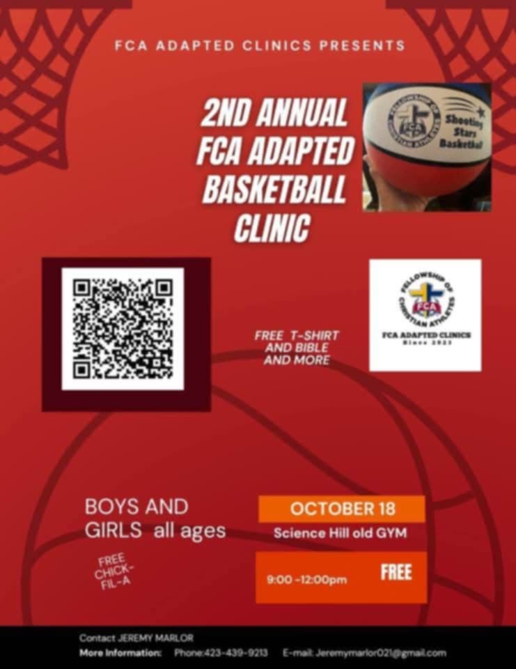 1 week away now  folks
From the 2nd annual FCA adapted basketball clinic
October 18th 
From 9-12pm 
Sh old gym 
1509 john exum Parkway 
Johnson city tn Tn  37601
All ages