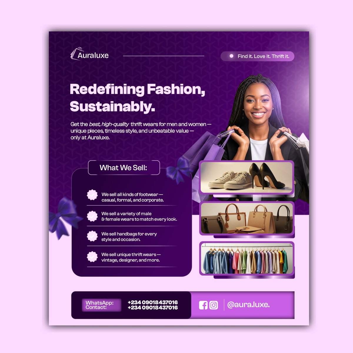 realnblu's tweet image. Made a flyer design for Auraluxe, a thrift store brand—took me 7+ hours to finish. 🫠💜

Ready to elevate your brand visuals just like this? 
Send me a DM to Get Started. 

#Graphicdesign #Graphiccontent #Visualstorytelling #ThriftShopping #CreativeDesign