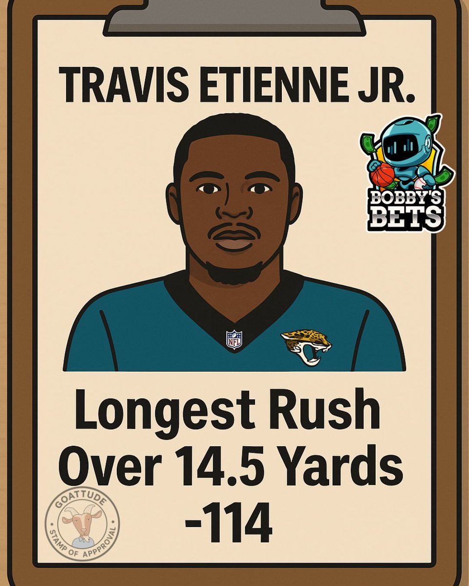 🚨 FREE PLAY ALERT 🚨

This play is brought to you by goattude and the community based on the NFLchart!

Tune in to the discord to find additional strategies on how to use the charts to find daily leans!

Travis Etienne Jr. — Longest Rush OVER 14.5 (-114)

Why we like it: